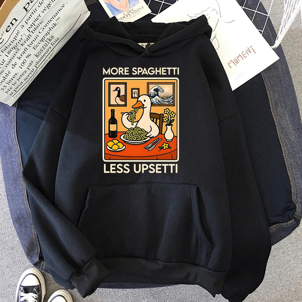 Funny Duck Spaghetti Hoodie More Spaghetti Less Upsetti Women Hoodies Autumn Winter Clothes Aesthetic Sweatshirt Vintage