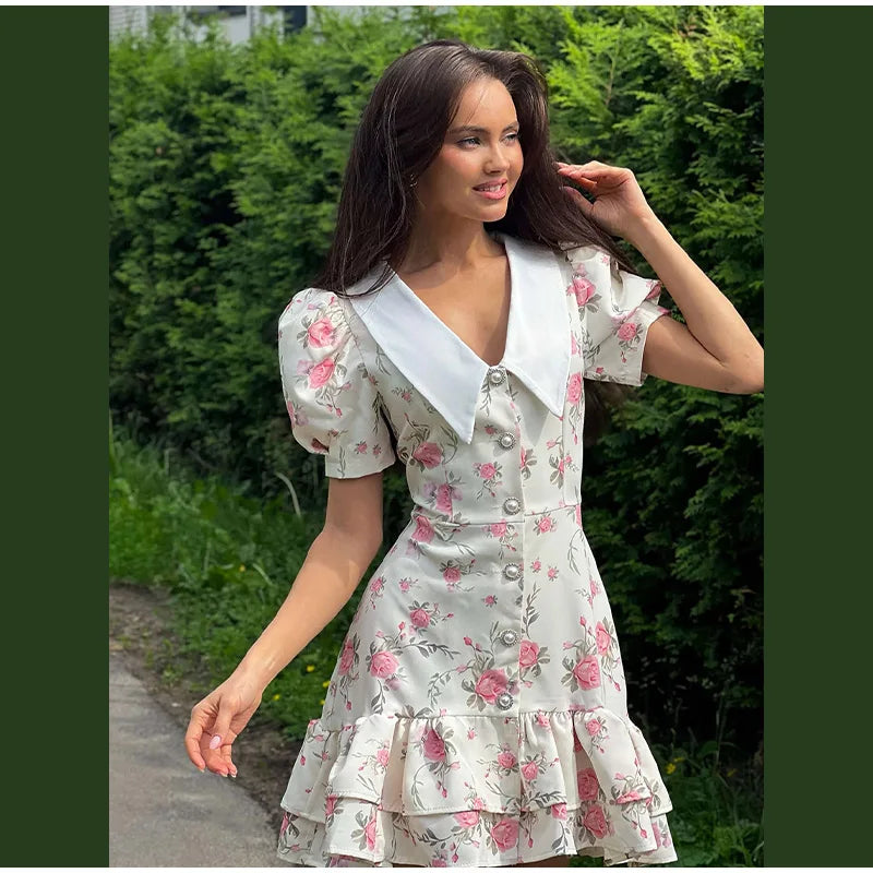 Sweet Floral Printed Ruffle Hem Dress Chic A-line Lapel Puff Sleeve Dresses For Women 2025 Summer Lady Holiday Street Gowns New