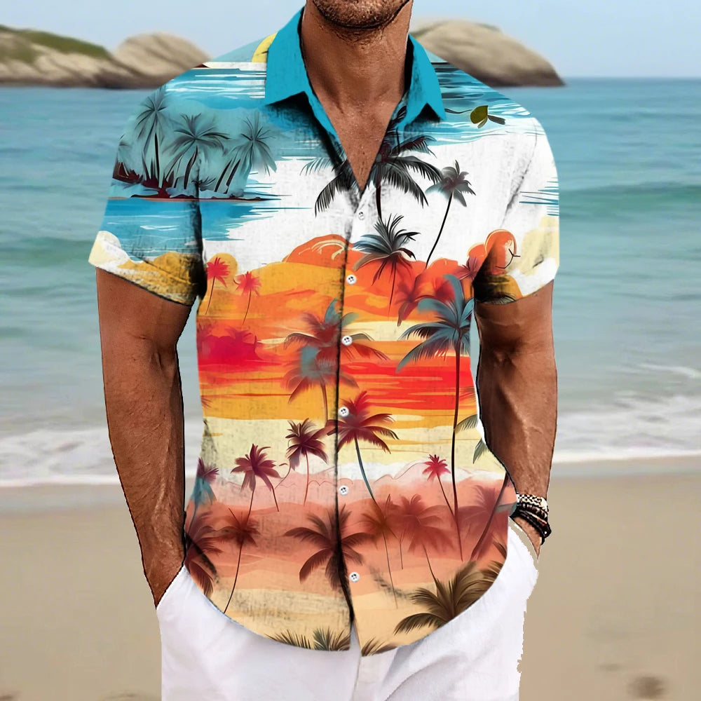Beach Men's Lapel Shirt Summer Short Sleeve Outdoor Everyday Shirt Tops Landscape Printed Pattern OverSize Loose Men Clothing