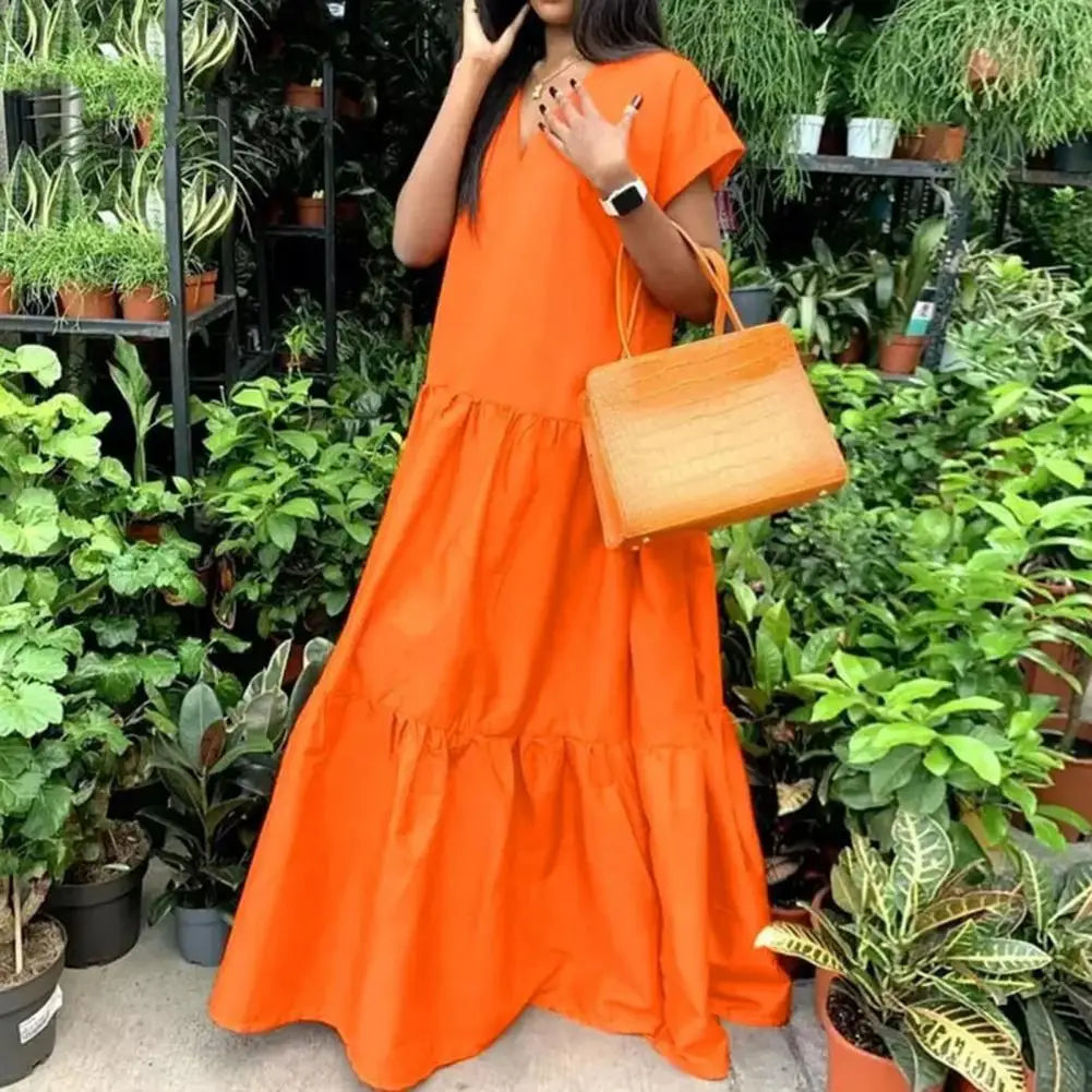 women sundress Loose V-neck Patchwork Short Sleeves Solid Color Beach Dress Summer Women Dress Elegant Large Hem Maxi Dress
