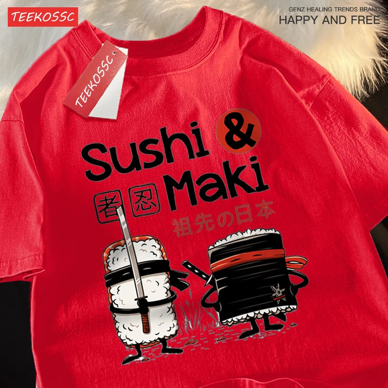Theduc Sushi And Sushi Printing Men Women Tshirt Cotton T-Shirts Loose T Shirt Crewneck Loose Tops Fashion Clothes Unisex