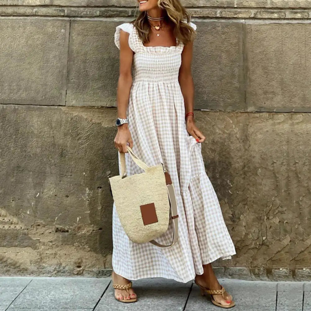 2025 Square Collar Sleeveless Women Dress Elastic Chest Wrap Ruffle Large Hem Women Plaid Print Sling Maxi Dress Summer Sundress