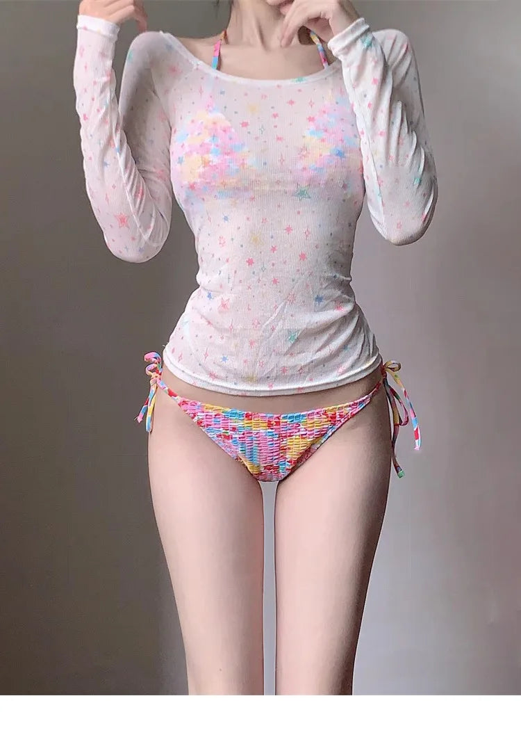 Push Up Bikini Set 2025 Floral Print Separates Long Sleeve Cover Up Small Bust Women's Swimsuit Beach Vacation Essential