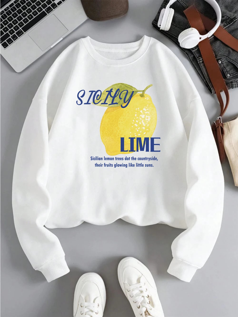 Sicily Lime Lemon Printing Hoodie Womens Casual Pocket Pullover Winter Fleece Warm Sweatshirt Comfortable Loose Womans Clothes