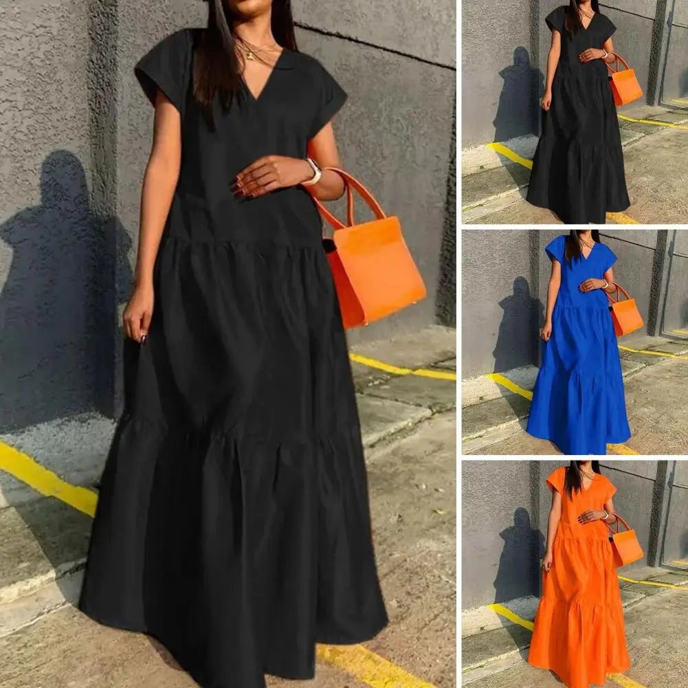 women sundress Loose V-neck Patchwork Short Sleeves Solid Color Beach Dress Summer Women Dress Elegant Large Hem Maxi Dress