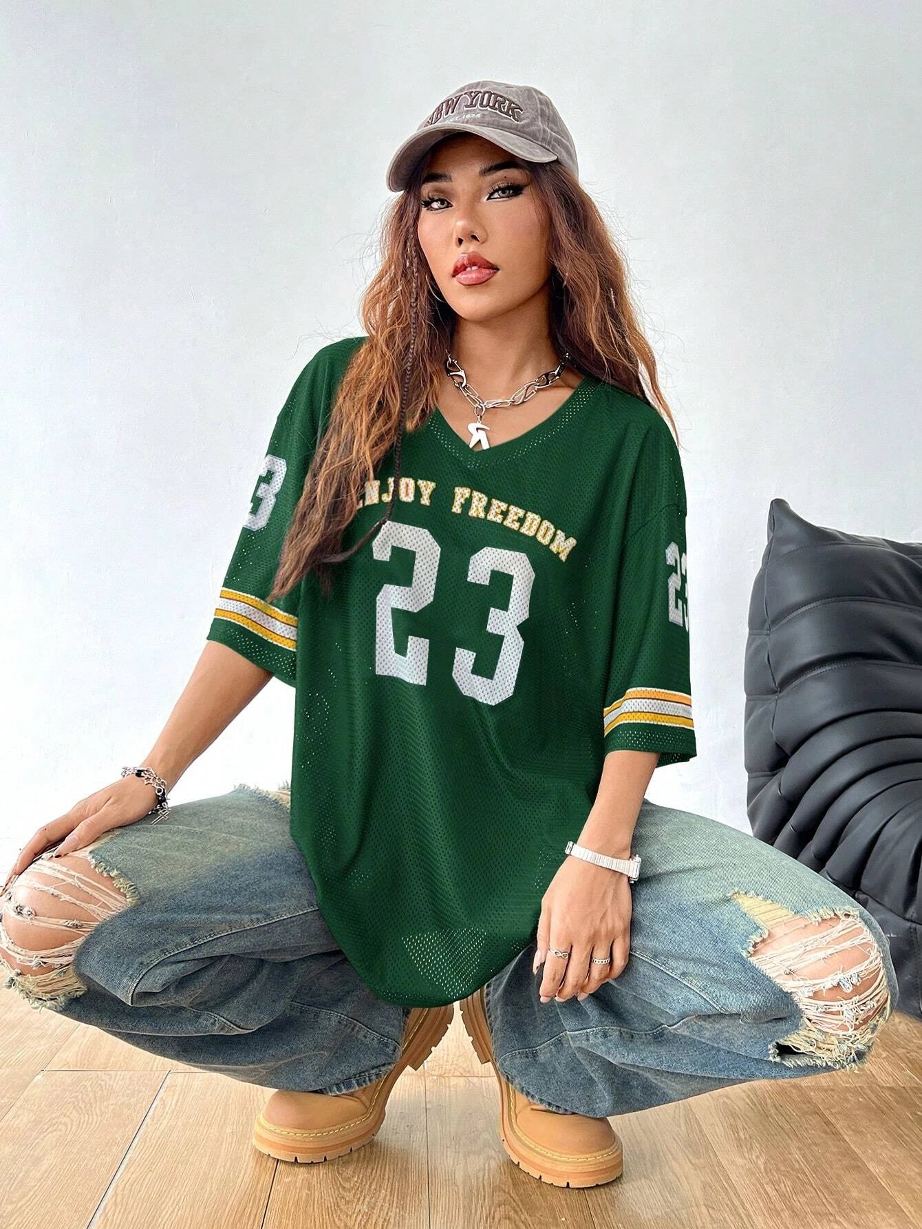 Summer New Black Enjoy Freedom 23 Print T-Shirt For Women V-Neck Short Sleeve Mesh Sports Football Jersey Y2K Oversized Tops