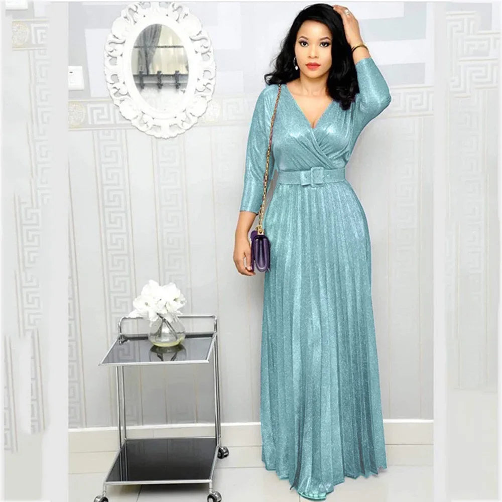 Fashion Elegant Long Sleeve V Neck High Waist Party Cocktail Graduation Pleated Dress Women Sexy Sequins Evening Dress