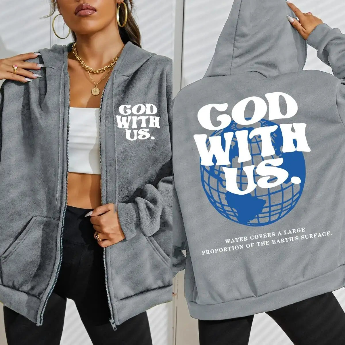 God With Us Water Covers Earth Print Zipper Hoodie Women Street Fleece Hoody Fashion Casual Sportswears Autumn Loose Sportswear
