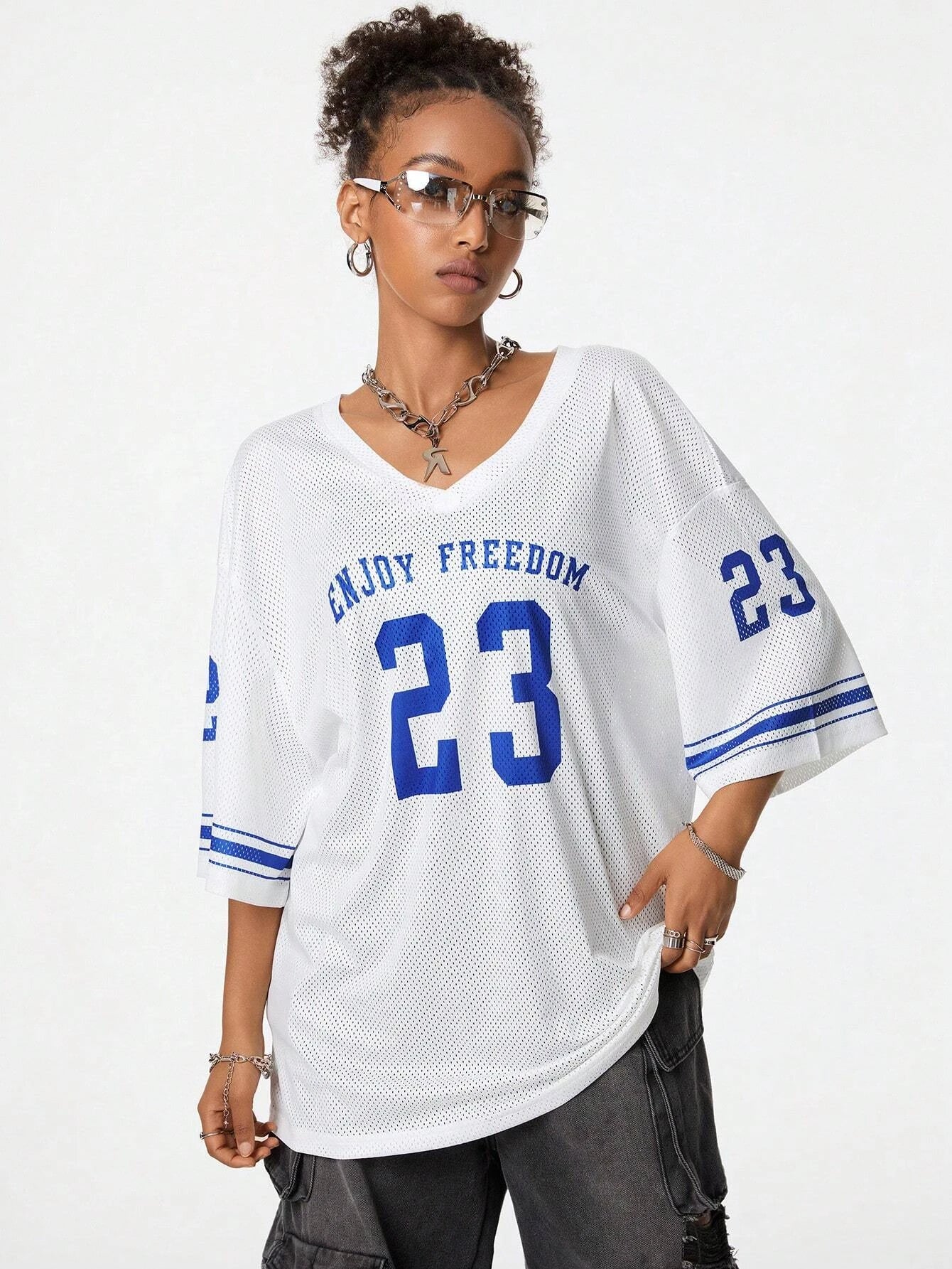 Summer New Black Enjoy Freedom 23 Print T-Shirt For Women V-Neck Short Sleeve Mesh Sports Football Jersey Y2K Oversized Tops