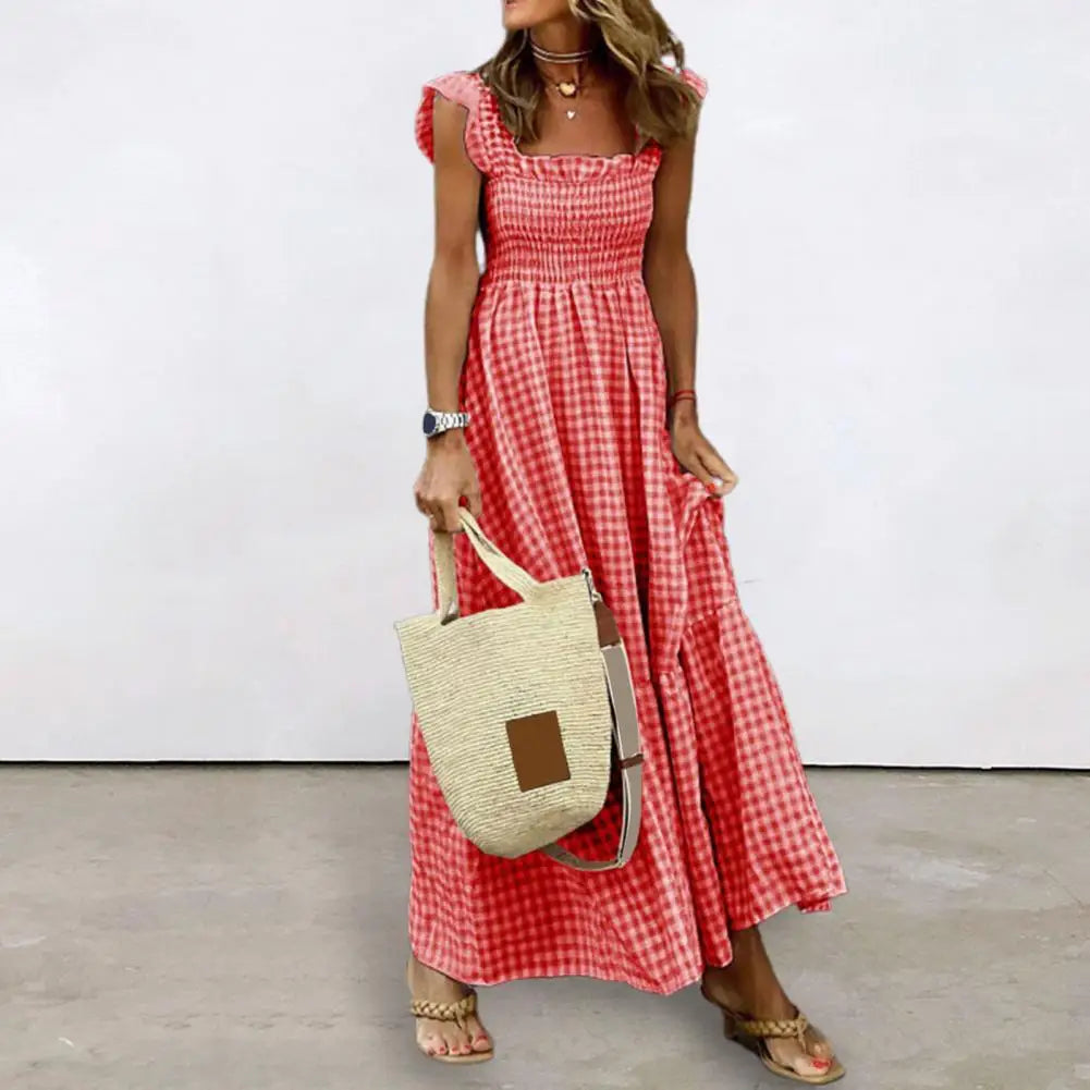 2025 Square Collar Sleeveless Women Dress Elastic Chest Wrap Ruffle Large Hem Women Plaid Print Sling Maxi Dress Summer Sundress
