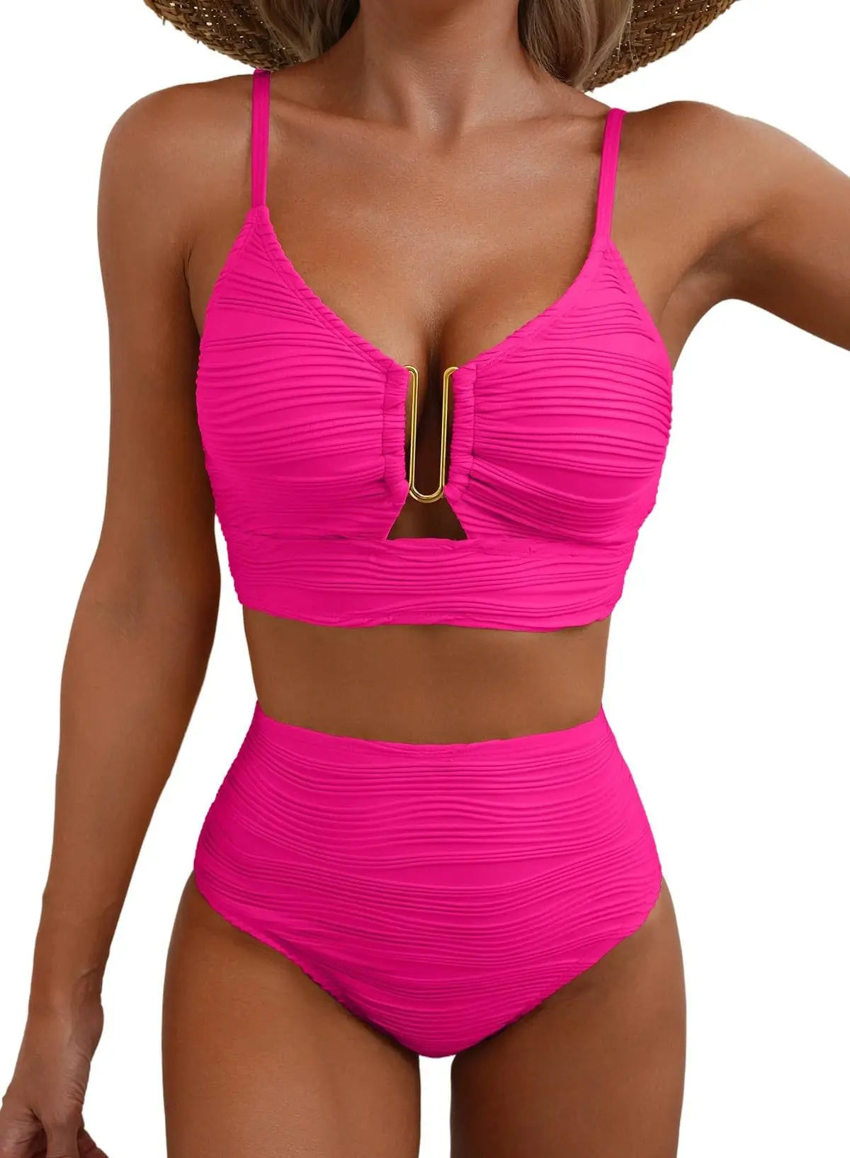 2025 Swimwear Woman Bikini Cutout V Neck Bikini Set High Waist Textured Swimsuit Adjustable Ties Women Beach Resort Wear