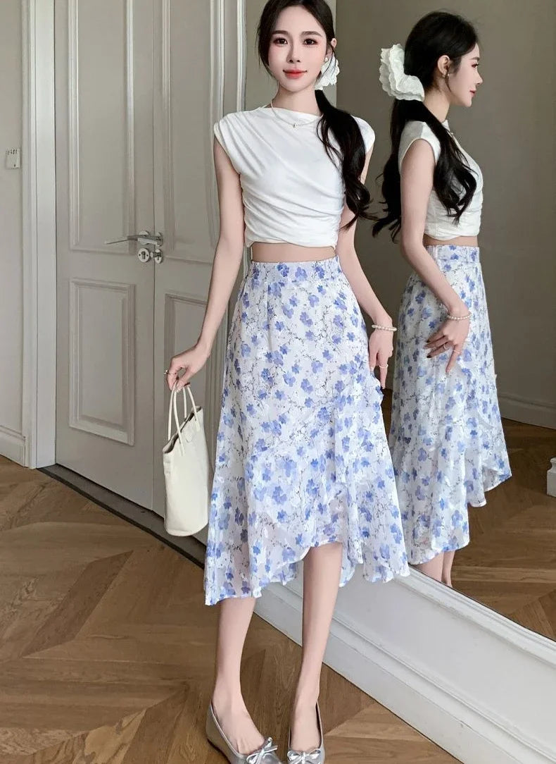 Blue Woman Skirt Floral Midi Ruffle Chiffon A Line Y2k Vintage Chic and Elegant Aesthetic Streetwear 2025 Trend Skirts for Women