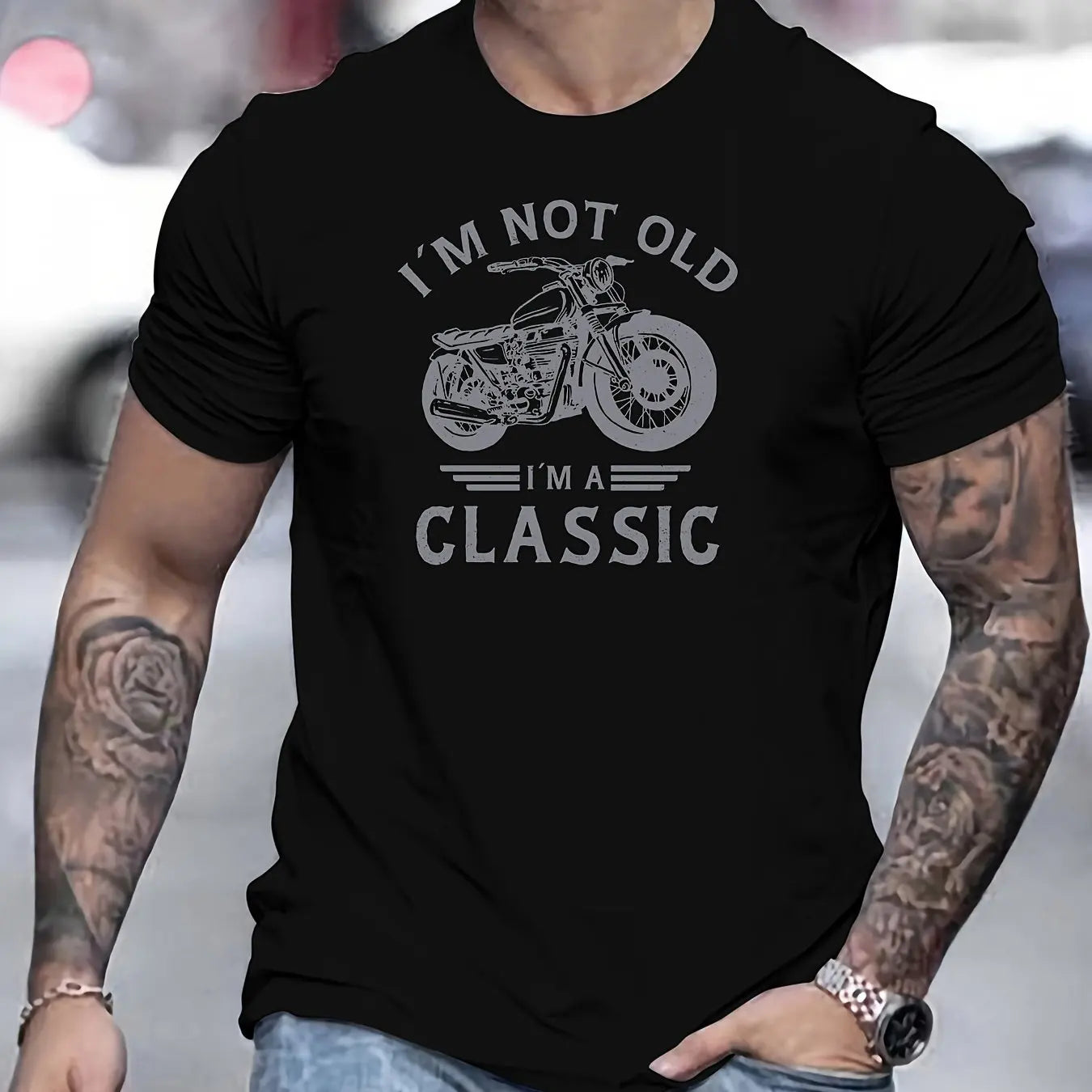 Summer men's 100% pure cotton casual loose oversized classic motorcycle creative printed round neck short sleeved T-shirt top