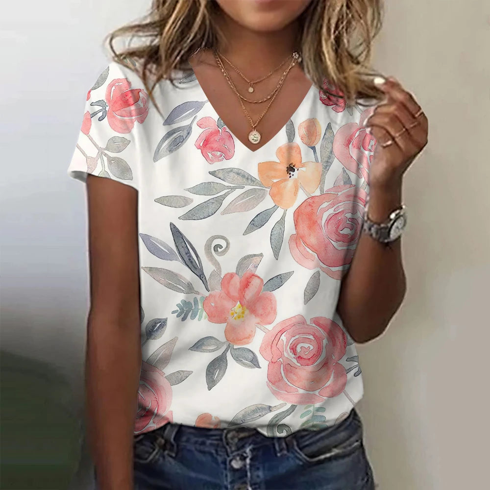 Women T-Shirt Summer Flower Floral 3D Print T-Shirts Women Streetwear Harajuku T Shirt V-Neck Tees Woman Tops Oversized Clothing