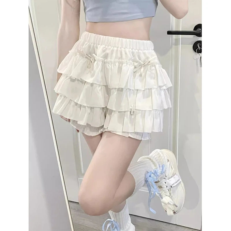 MEXZT Y2K Sweet Ruffles Mini Skirt Women Kawaii Lolita Bow A Line Skirts Harajuku Japanese High Waist Pink White Ball Gown Skirt