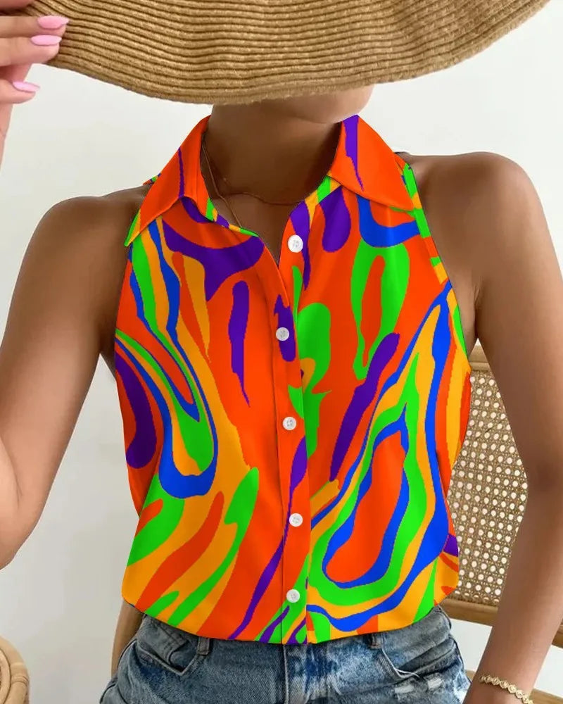Global AliExpress Europe and America cross-border summer casual fashion one-shoulder sleeveless abstract print women's shirt