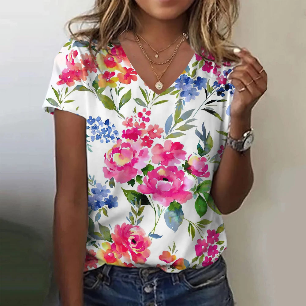 Women T-Shirt Summer Flower Floral 3D Print T-Shirts Women Streetwear Harajuku T Shirt V-Neck Tees Woman Tops Oversized Clothing