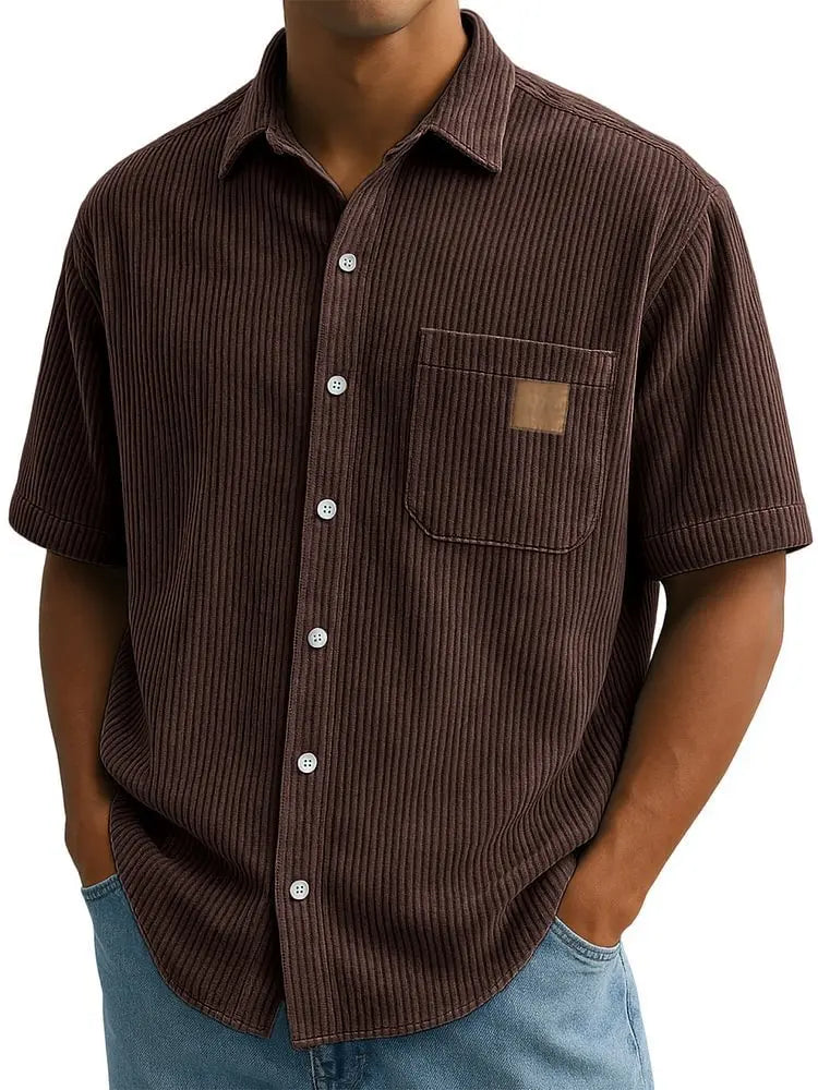 Men's Summer Shirts Elegant Shirt Luxury Clothes Man Retro Corduroy Short Sleeve Shirt Casual Fashion Logo Patch 2025