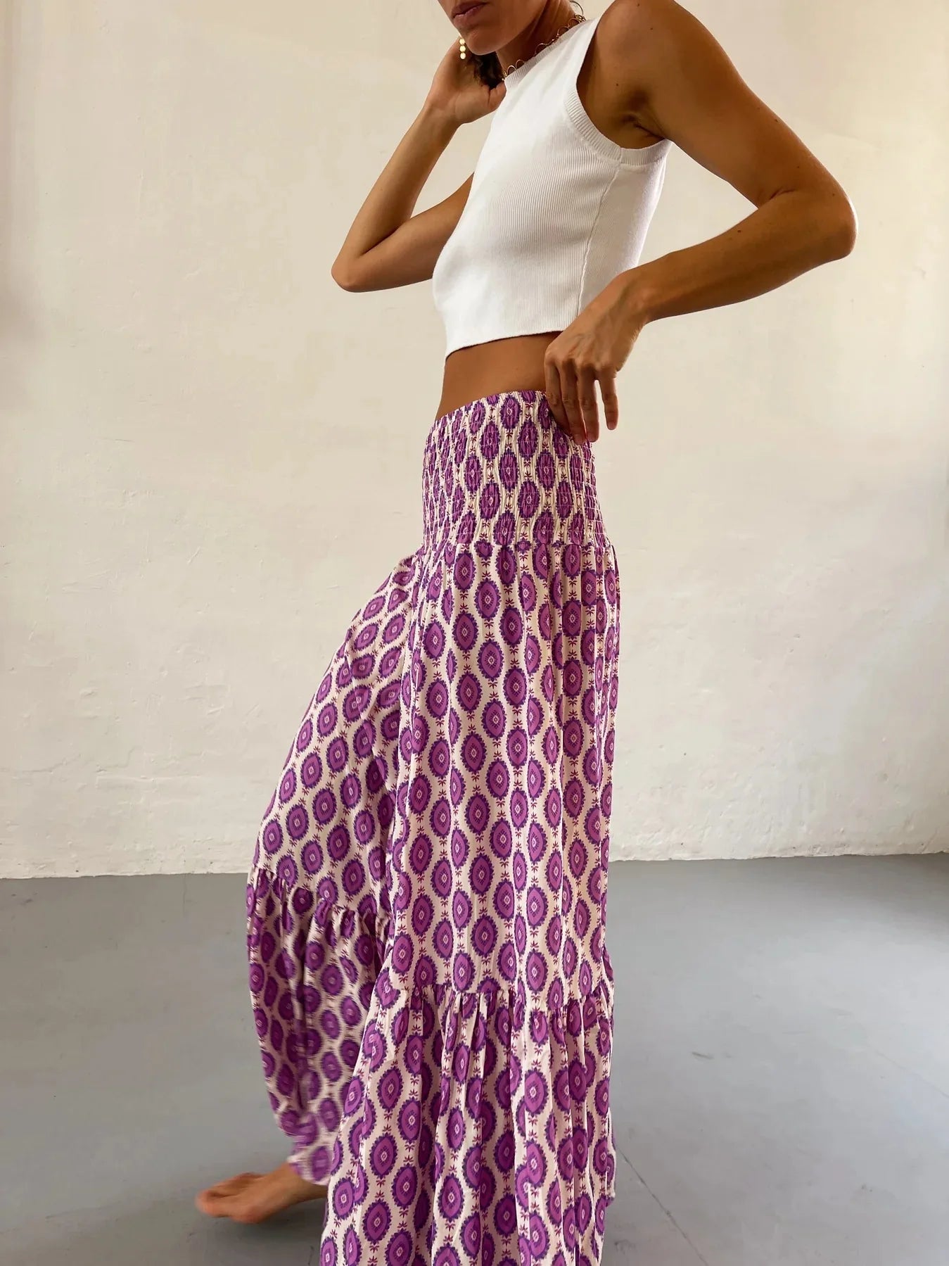 Women's Casual Boho Skirts New Spring Summer Fashion Vintage Loose Elastic Waist Floral Print Ethenic Style Beach Maxi Skirt