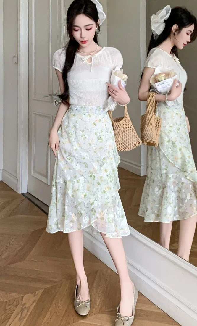 Blue Woman Skirt Floral Midi Ruffle Chiffon A Line Y2k Vintage Chic and Elegant Aesthetic Streetwear 2025 Trend Skirts for Women