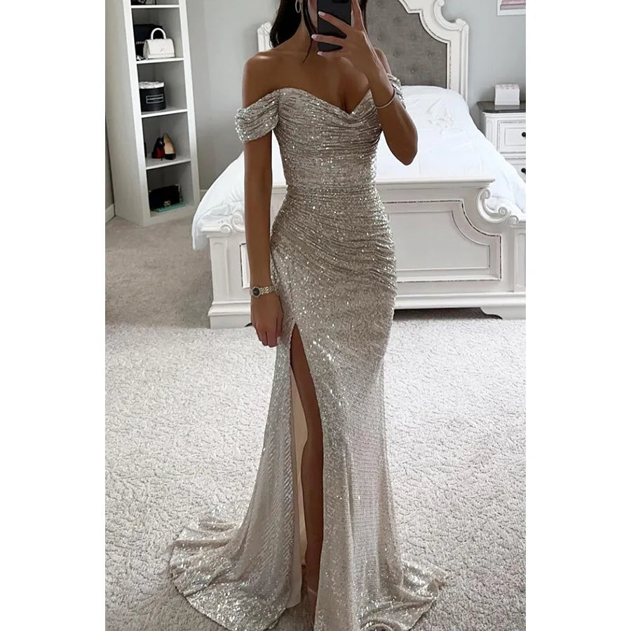 BWQ Women Off Shoulder Prom Dresses Elegant Sequin Solid Evening Party Dresses Ladies Wrap Split Sequined Maxi Formal Dress