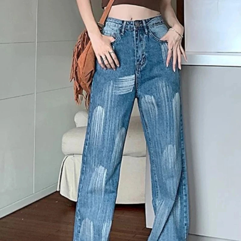 Women's Jeans Straight Leg Loosefit Female Cowboy Pants 2025 Korean Style Size X Larg Unique Cheap Medium Wash Fashion Trousers
