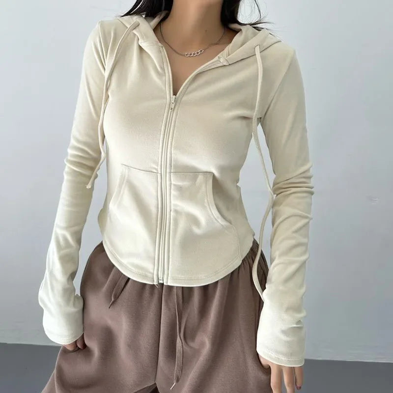 SMVP Streetwear Hooded Pockets Sweatshirt Women Casual Solid Sports Long Sleeve Hoodies Woman Autumn Slim Zipper Cropped Coat