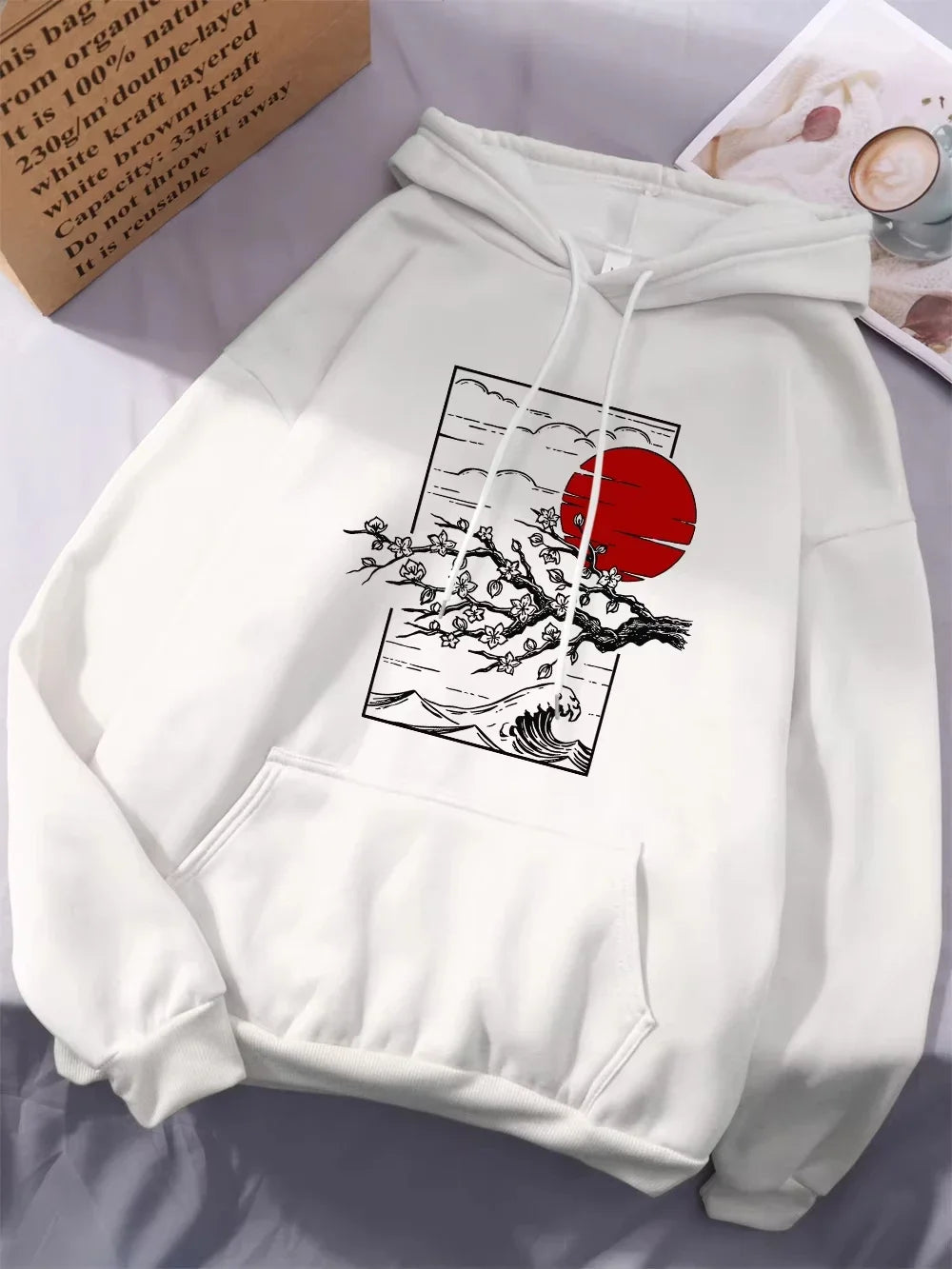 2025 Japanese Cherry Blossom Print Hoodie Women's Winter Warm Casual Street Loose Women's Pocket Hoodie Graphic Women Clothing