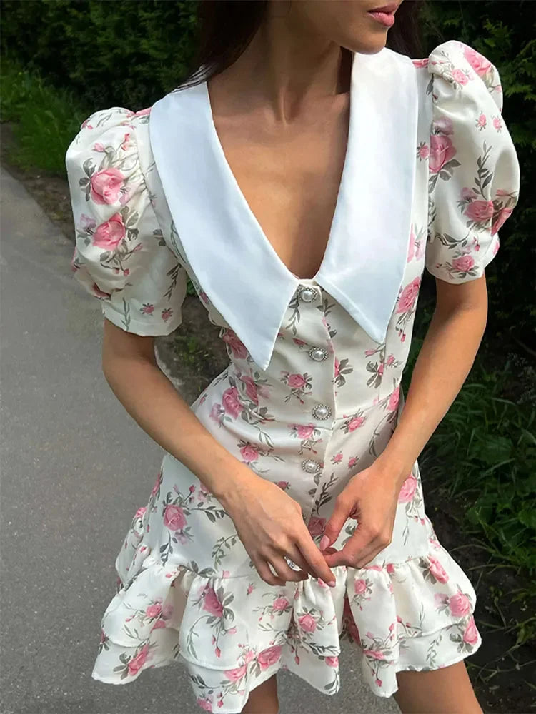 Sweet Floral Printed Ruffle Hem Dress Chic A-line Lapel Puff Sleeve Dresses For Women 2025 Summer Lady Holiday Street Gowns New