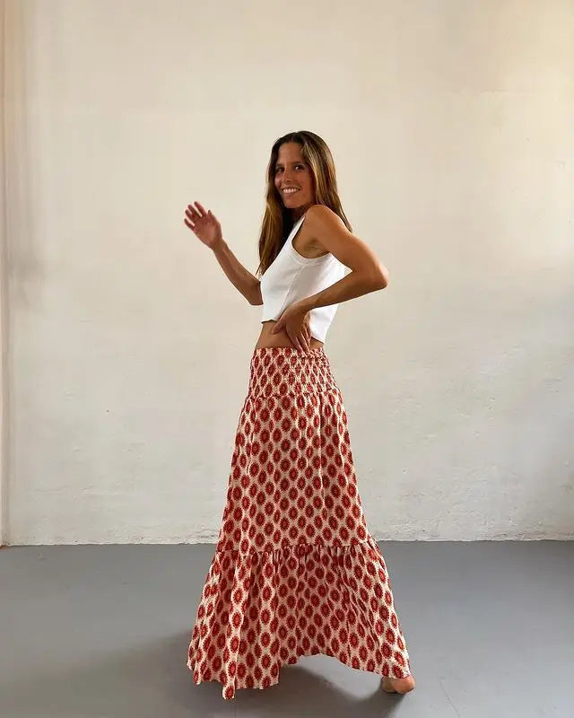 Women's Casual Boho Skirts New Spring Summer Fashion Vintage Loose Elastic Waist Floral Print Ethenic Style Beach Maxi Skirt