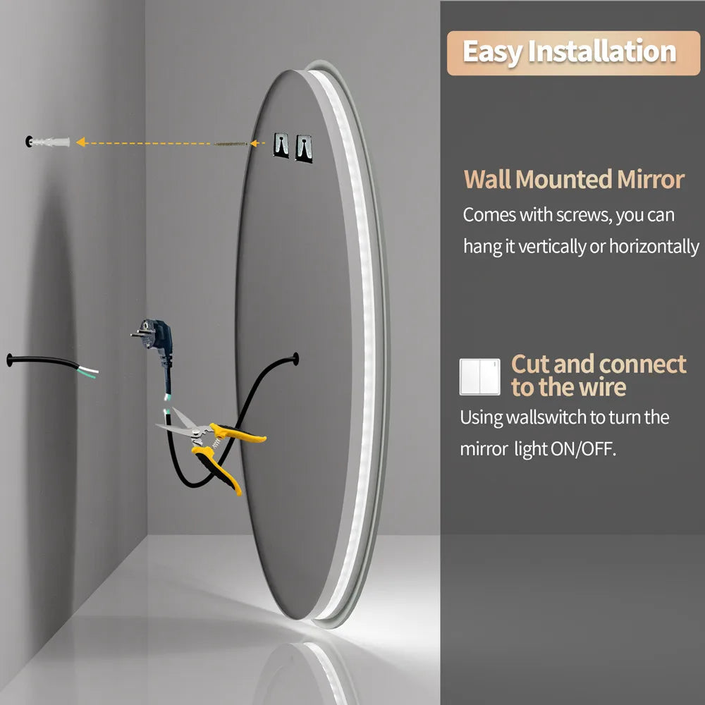 LUVODI Round Smart Mirror Bathroom Illuminate Waterproof Wash Basin Shower Vanity Mirror with Touch Screen