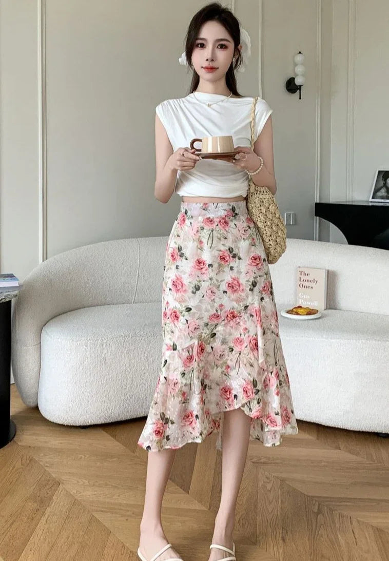 Blue Woman Skirt Floral Midi Ruffle Chiffon A Line Y2k Vintage Chic and Elegant Aesthetic Streetwear 2025 Trend Skirts for Women