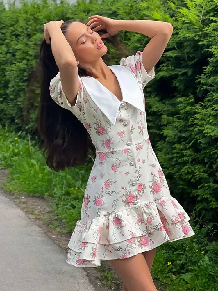 Sweet Floral Printed Ruffle Hem Dress Chic A-line Lapel Puff Sleeve Dresses For Women 2025 Summer Lady Holiday Street Gowns New