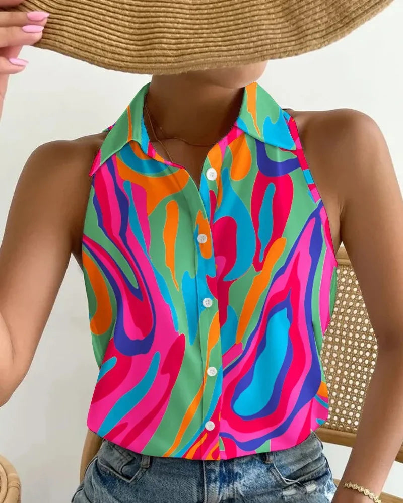 Global AliExpress Europe and America cross-border summer casual fashion one-shoulder sleeveless abstract print women's shirt