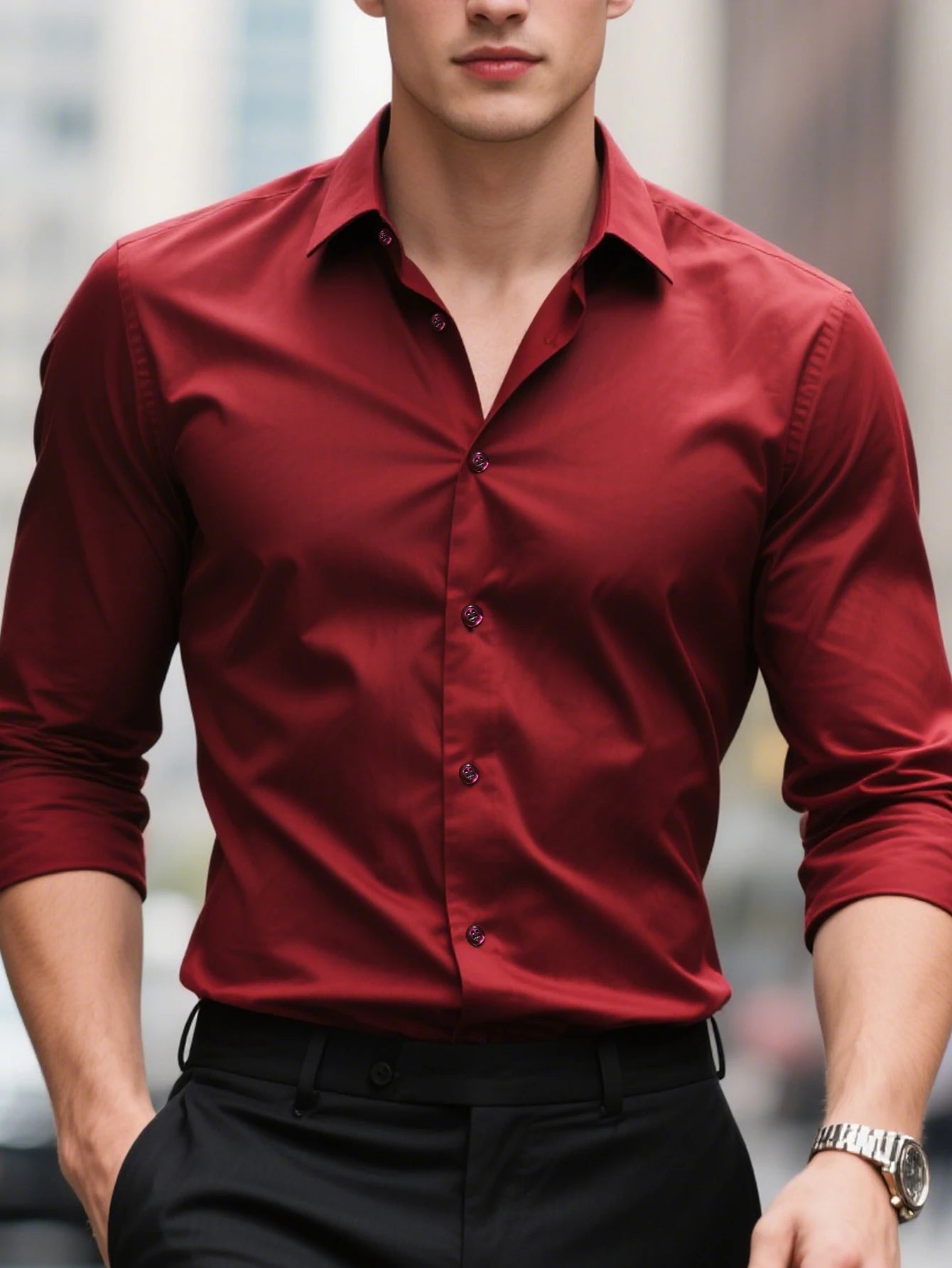 FGKKS Men Casual White Shirt Brand Fashion Solid Color Long Sleeve Elastic Fabric Male Business Dress Shirt
