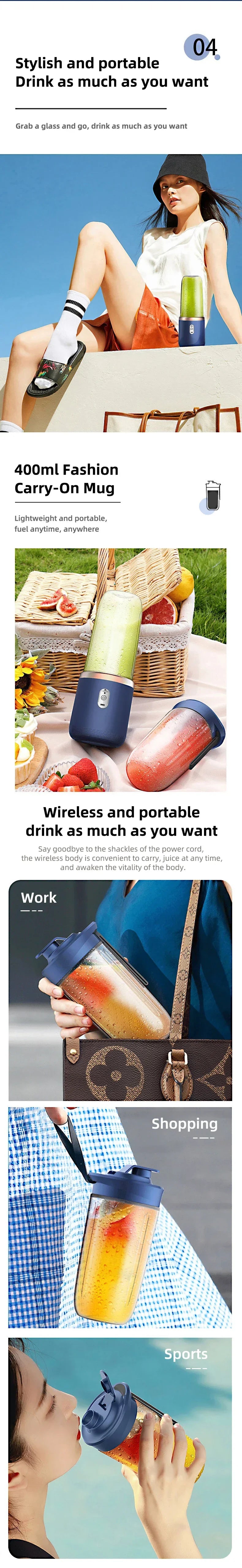 Multifunction 2 Cups Portable Fruit Juicer Blender 6 Blade Juice Mixer Mini Ice Blender USB Charging Wireless Juice Extractor