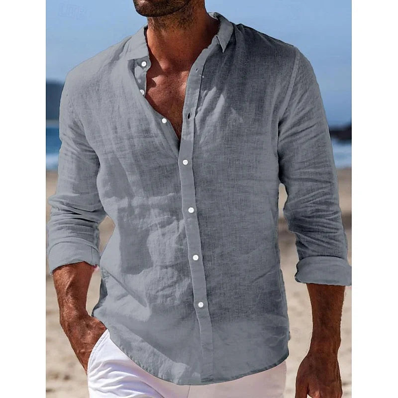 Men's Shirt Linen Shirt Summer Beach Shirt Button Solid Color Casual Daily Black White Pink Navy Blue Long Sleeve Lapel XS-6XL