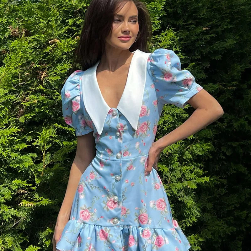 Sweet Floral Printed Ruffle Hem Dress Chic A-line Lapel Puff Sleeve Dresses For Women 2025 Summer Lady Holiday Street Gowns New