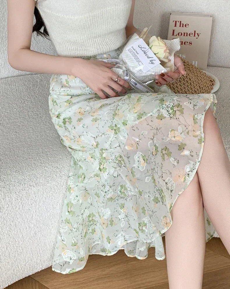 Blue Woman Skirt Floral Midi Ruffle Chiffon A Line Y2k Vintage Chic and Elegant Aesthetic Streetwear 2025 Trend Skirts for Women