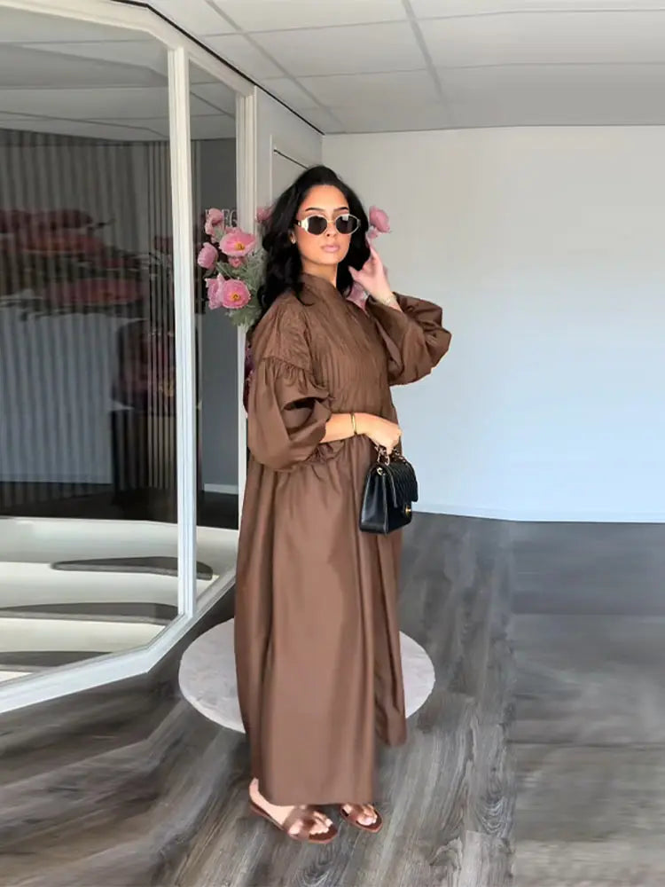 Casual Long Dress Women Loose O Neck Single Breasted Long Sleeves High Waist Robe Female 2025 Summer Fashion Solid Dresses Lady
