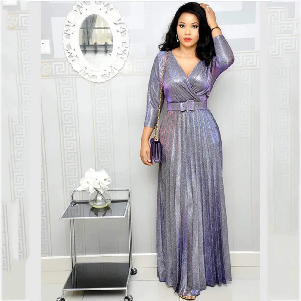 Fashion Elegant Long Sleeve V Neck High Waist Party Cocktail Graduation Pleated Dress Women Sexy Sequins Evening Dress