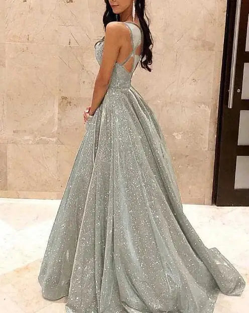 Women Strap Sleeveless High Waist Sequines Long Maxi Dress Floor Length A Line V Neck Sexy Summer Spring Party Evening