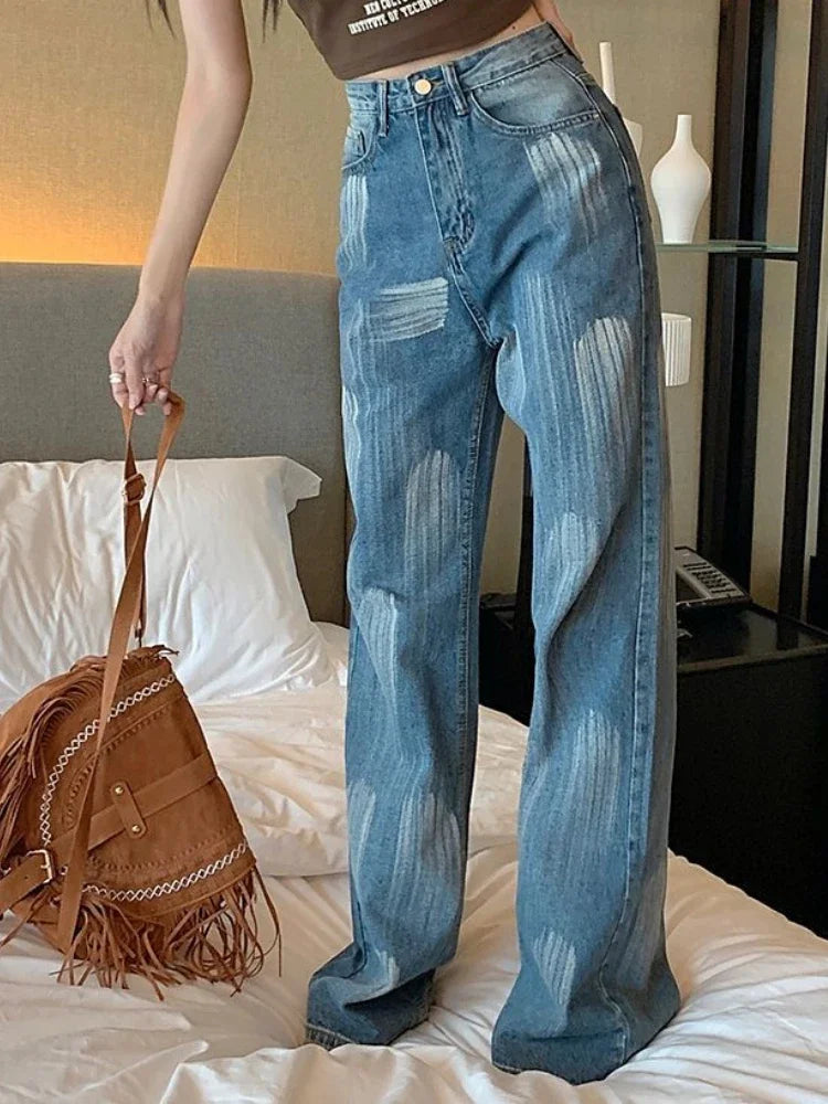 Women's Jeans Straight Leg Loosefit Female Cowboy Pants 2025 Korean Style Size X Larg Unique Cheap Medium Wash Fashion Trousers