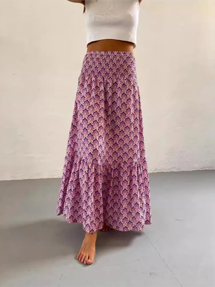 Women's Casual Boho Skirts New Spring Summer Fashion Vintage Loose Elastic Waist Floral Print Ethenic Style Beach Maxi Skirt