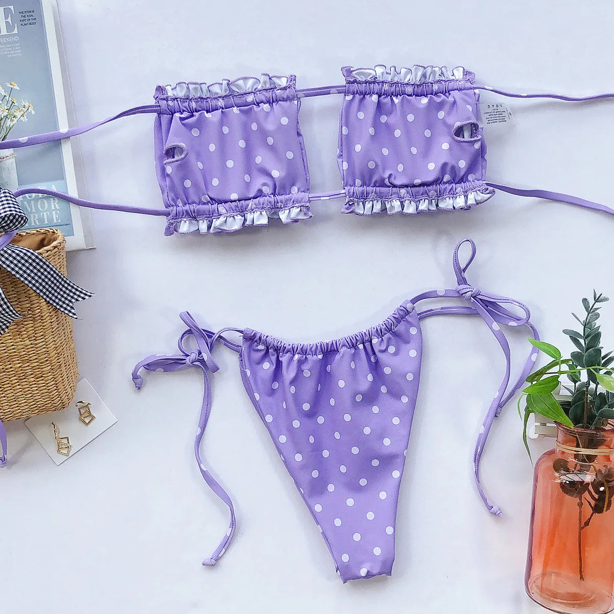 Sexy Bikini 2025 Pleated Bandeau Swimsuit Female Swimwear Women Mini Thong Bikini Set Bather Swimming Beachwear for Bathing Suit