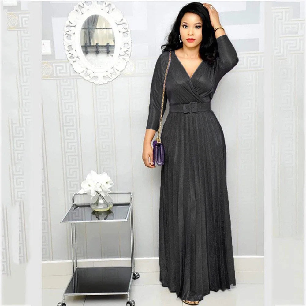 Fashion Elegant Long Sleeve V Neck High Waist Party Cocktail Graduation Pleated Dress Women Sexy Sequins Evening Dress