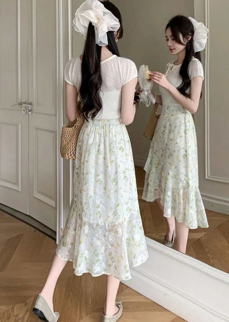 Blue Woman Skirt Floral Midi Ruffle Chiffon A Line Y2k Vintage Chic and Elegant Aesthetic Streetwear 2025 Trend Skirts for Women