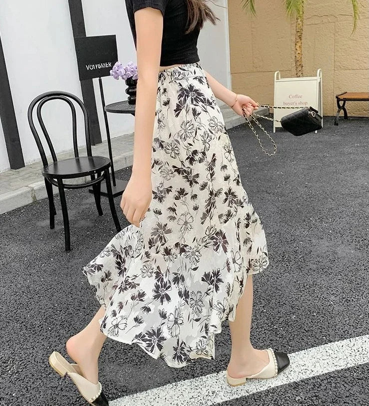 Blue Woman Skirt Floral Midi Ruffle Chiffon A Line Y2k Vintage Chic and Elegant Aesthetic Streetwear 2025 Trend Skirts for Women