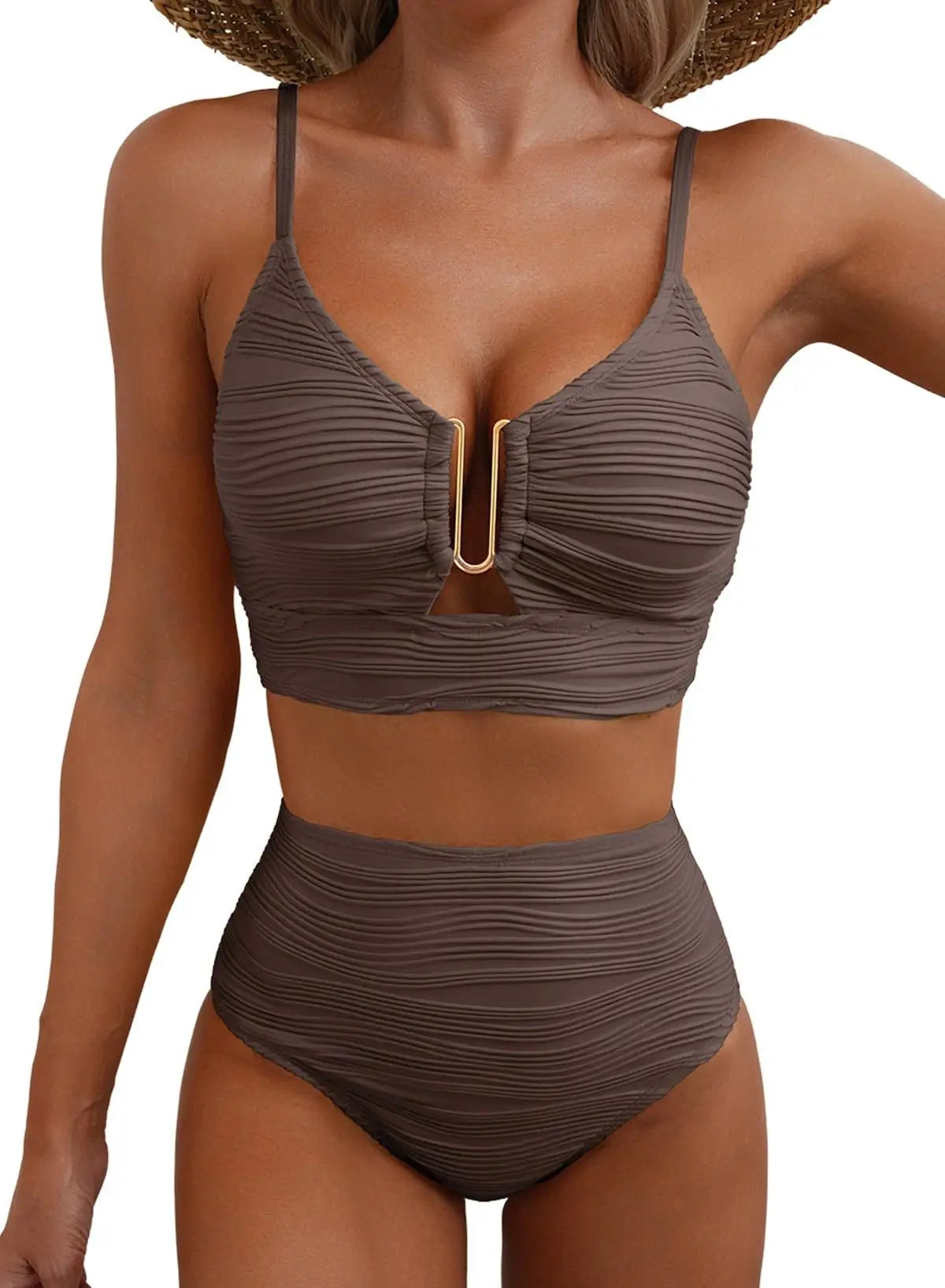 2025 Swimwear Woman Bikini Cutout V Neck Bikini Set High Waist Textured Swimsuit Adjustable Ties Women Beach Resort Wear