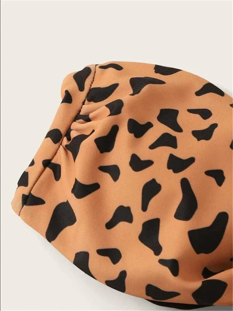 Beach Bikini 2024 Woman Sexy Front Lace Up Tie Bandeau Leopard Swimsuit Female Push Up Ruffled Bow Bathing Suit Thong Swimwear